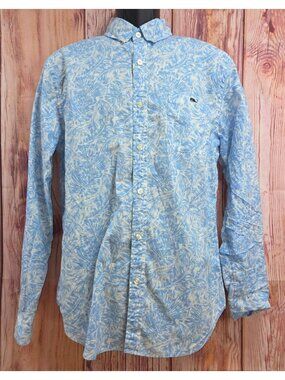 Vineyard Vines Mens Blue Slim Fit Tucker Shirt Medium Palm Print Long Sleeve